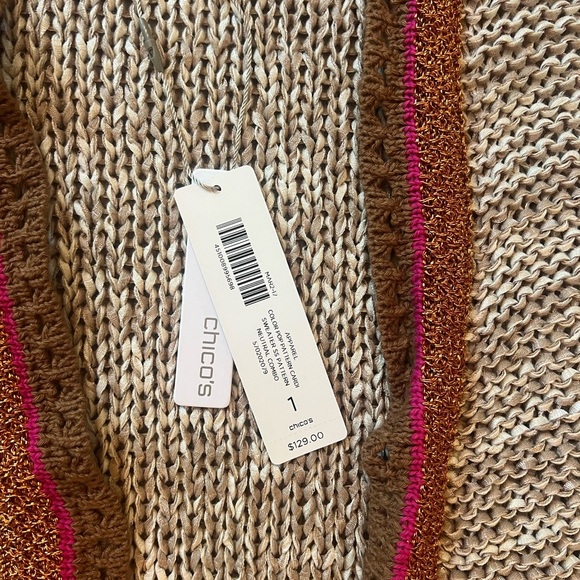 Chico's Color Pop Pattern Cardigan Sweater Tan Pink Metallic Size 1 NWT - Picture 4 of 7